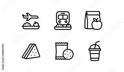 Outline icons of transportation and snacks: airplane, train, and food elements set