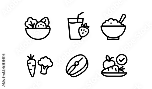 Healthy food line icons: salad, juice, oatmeal, vegetables, and more in minimalist style