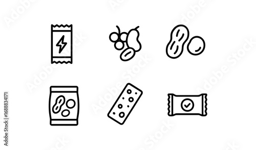 Minimalist snack icons featuring peanuts, grapes, and energy bars