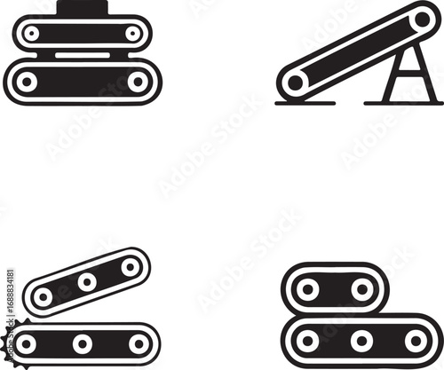 Set of Industrial Conveyor Belt Icons – Vector Silhouettes for Manufacturing and Automation 