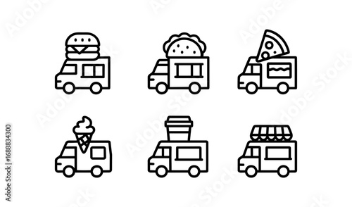 Food truck outlines featuring pizza, tacos, burgers, coffee, ice cream, and more