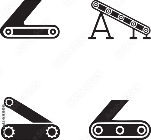 Set of Industrial Conveyor Belt Icons – Vector Silhouettes for Manufacturing and Automation 