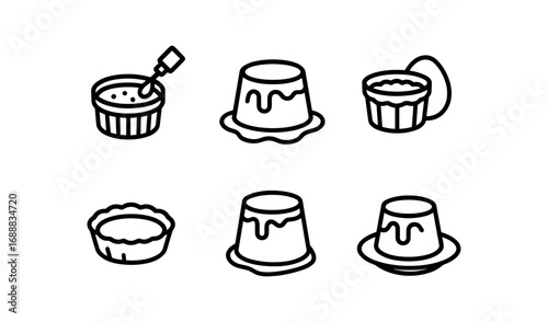 Line art desserts collection: pudding and tart icons for culinary design