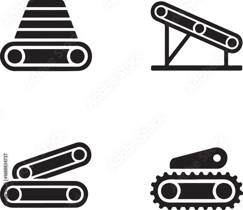Set of Industrial Conveyor Belt Icons – Vector Silhouettes for Manufacturing and Automation 