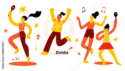 Colorful Zumba Dance Illustration – Happy People Dancing to Music in Fitness Class