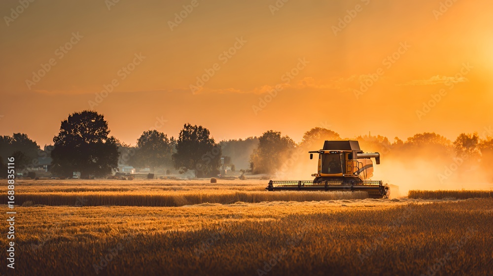 Fototapeta premium Harvest season: combine harvester at sunset in a golden field.