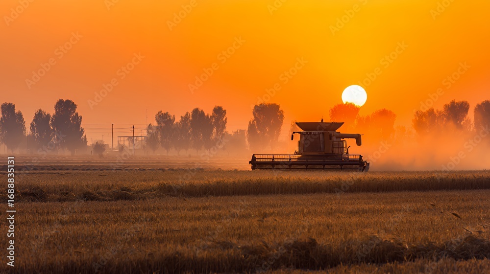 Fototapeta premium Golden sunset over a harvester in a rice field, creating a tranquil agricultural scene.