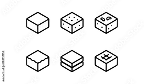 Minimalistic cube icons of various desserts with linear design
