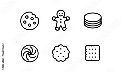 Minimalist cookie and biscuit icon set in black and white line art