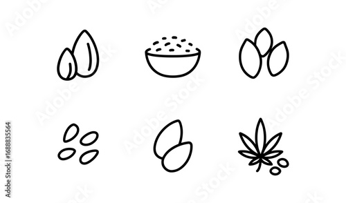 Minimalist linear nuts and seeds icons in black and white