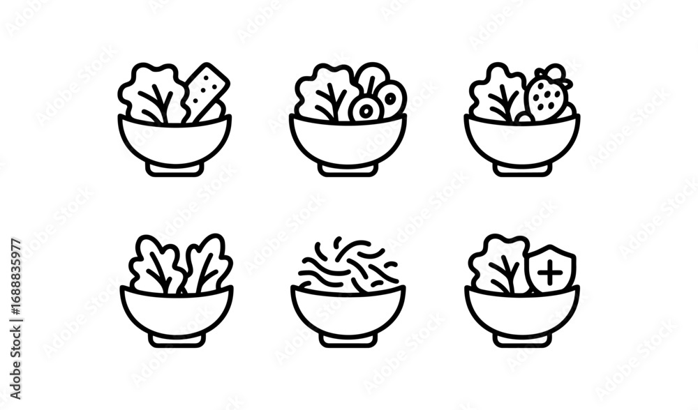 Obraz premium Simple salad icons featuring cheese, berries, and leafy greens in line art style