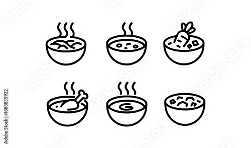 Simple line art of various soup bowls with steam and ingredients