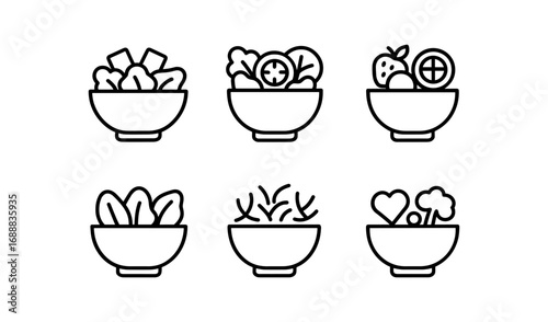 Minimalist bowl icons featuring vegetables and fruits in linear design