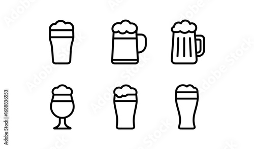 Minimalist black line icons of beer glasses and mugs in various shapes