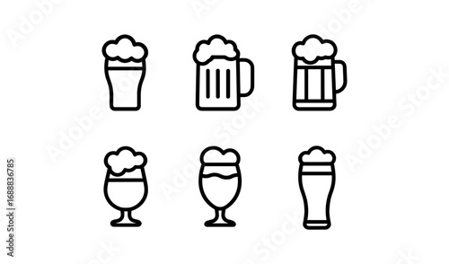 Minimalist linear icons of various beer glasses and mugs with foam tops