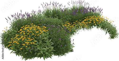 Curved Garden Planting With Yellow And Purple Flowers And Greenery foliage