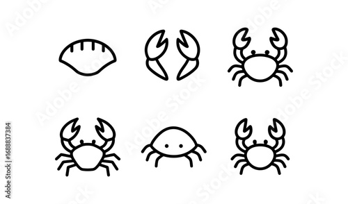 Minimalist linear crab icons set: outline designs for marine-themed projects