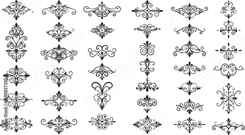 Diverse Collection of Black Ornate Decorative Flourishes and Embellishments Keywords: flourish, divider, ornament, decorative, ornate, vintage, scroll, swirl, filigree, elegant, design element