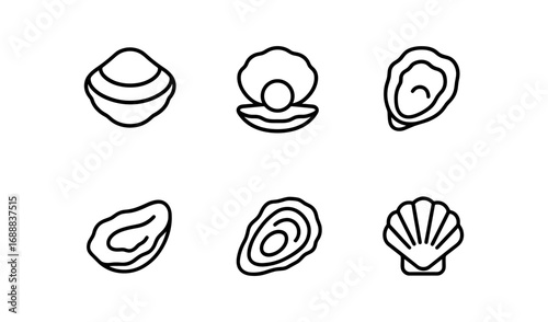 Minimalist line art shell icons with oysters and clams