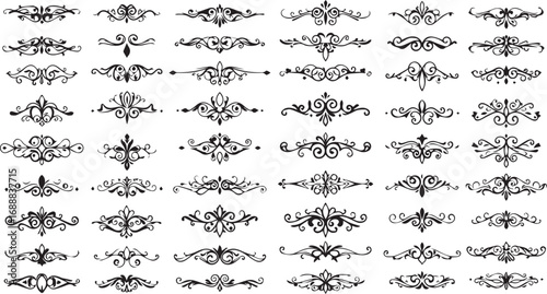 Large Assortment of Black Vintage Decorative Flourishes and Dividers Keywords: flourish, divider, ornament, decorative, ornate, vintage, scroll, swirl, filigree, elegant, design element, graphic