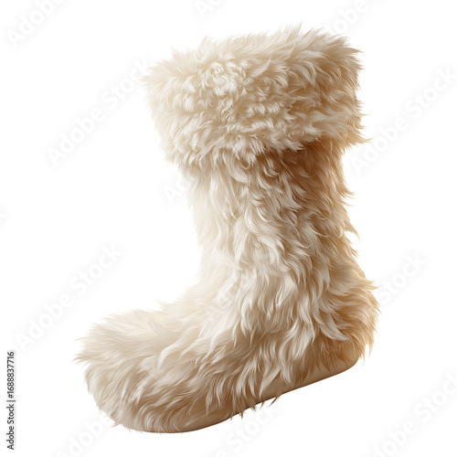 Fluffy winter boot on transparent background. Cozy fur footwear for holiday and fashion design.