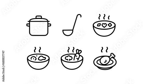 Minimalist soup icons: line art of bowls, ladle, and pot in black and white