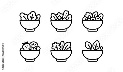 Minimalistic outline icon set of salad bowls with fresh ingredients