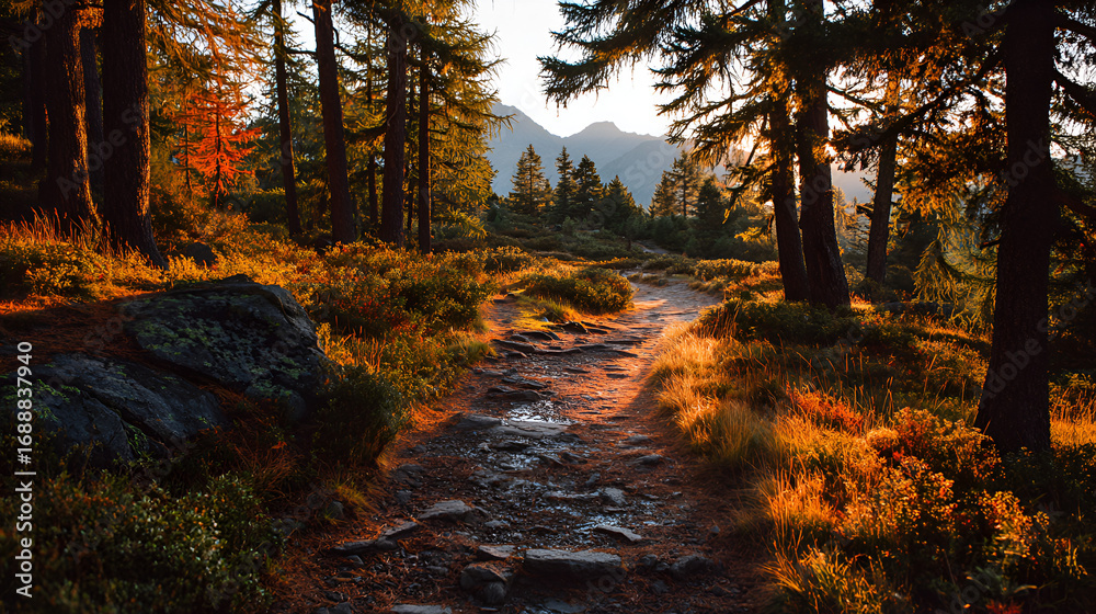 Fototapeta premium A forest path illuminated by golden light leading towards distant mountains at sunset hour scenery