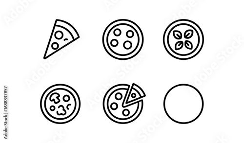Minimalistic pizza icon set with various toppings and styles
