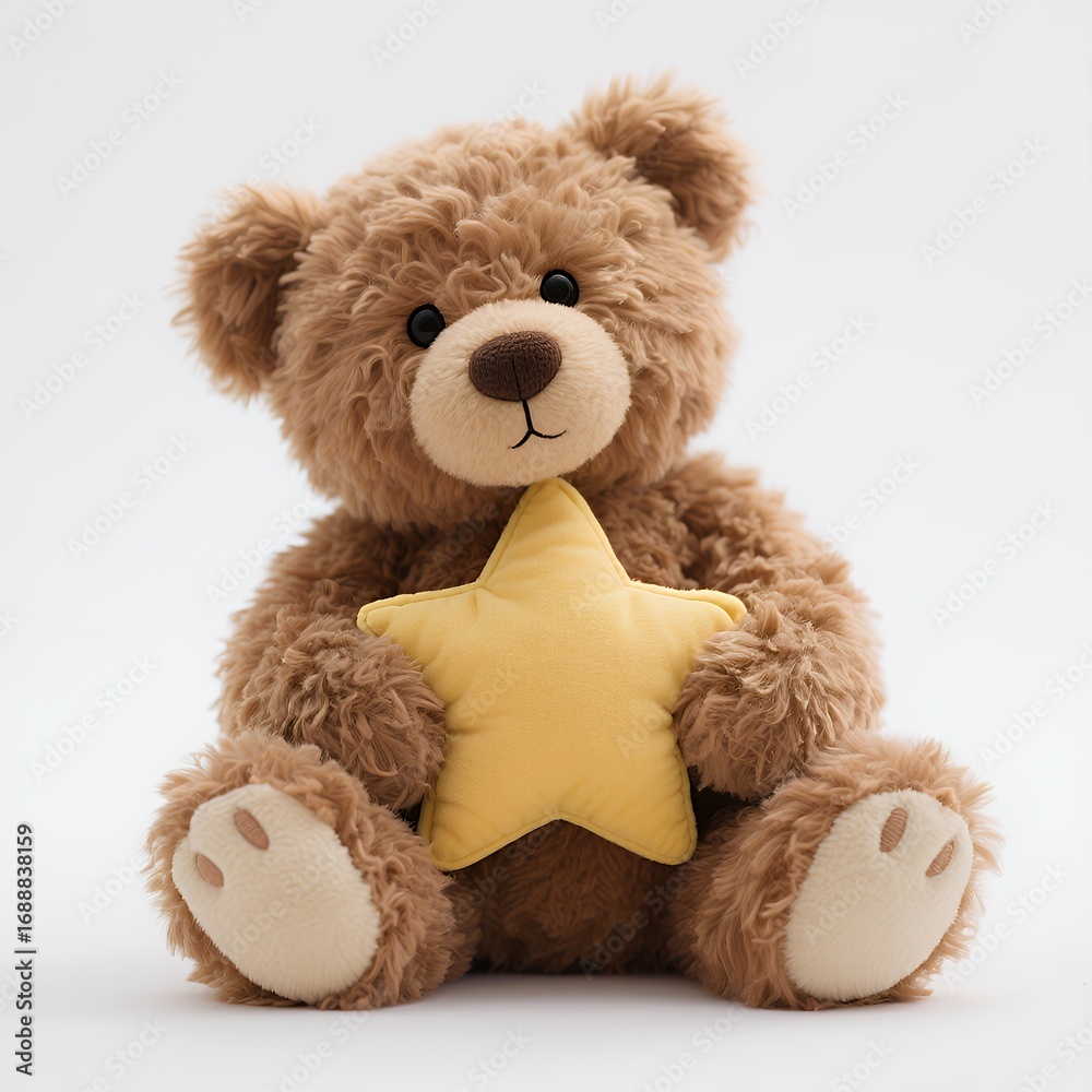 Fototapeta premium Cute brown teddy bear holding a yellow star plush toy, perfect for children's decor.