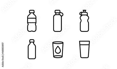 Minimalist water bottle and glass icons in outline style