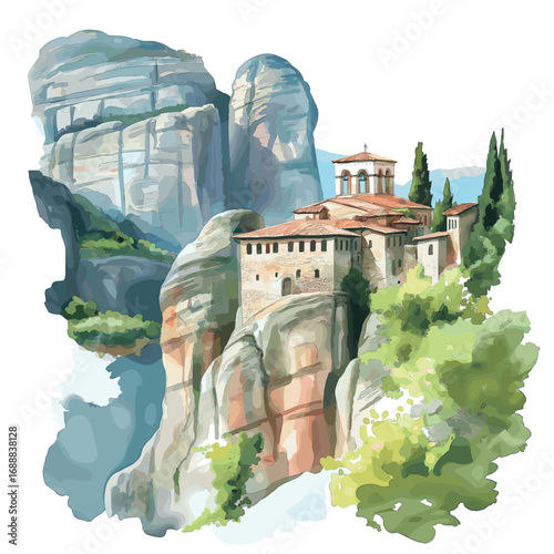 Meteora Monasteries. Meteora Monasteries watercolor vector illustration