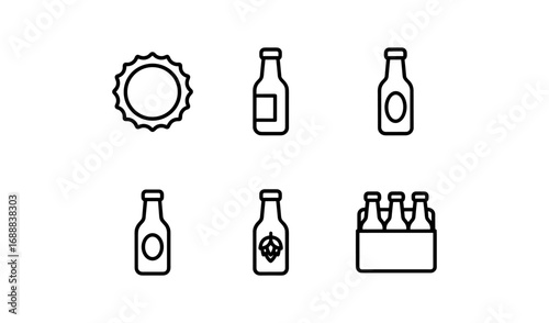 Outline icons of beer bottles and caps for brewery designs