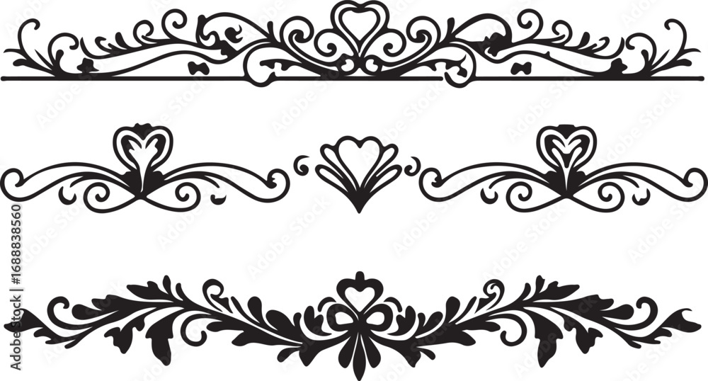 Naklejka premium Three Black Decorative Flourish and Scrollwork Elements with Heart Motifs on White vector illustration
