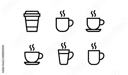Minimalist line icons of coffee cups with steam in various styles