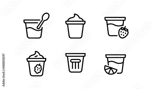 Minimalist yogurt container icons with fruits and spoons in linear style
