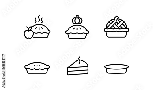 Minimalist pie icon set featuring assorted desserts and baked goods in line art style