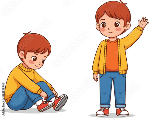 Cute boy tying shoelaces and waving hand, happy kid wearing yellow sweater and red sneakers, cartoon vector illustration for kids.
