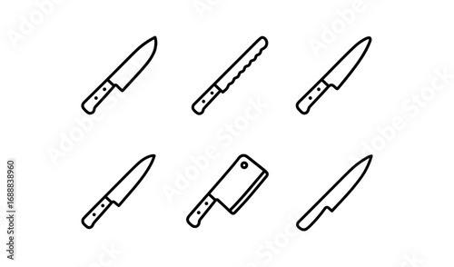 Collection of outline kitchen knives icons featuring various blade styles