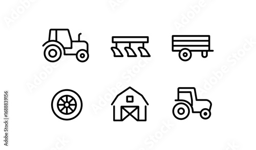 Agricultural equipment icons set featuring tractor and farm tools in linear design