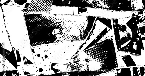 Vector Illustration of Abstract Halftone Background in Woodcut Style with Torn Paper Texture, Scraps of Paper and Painting Stains Design