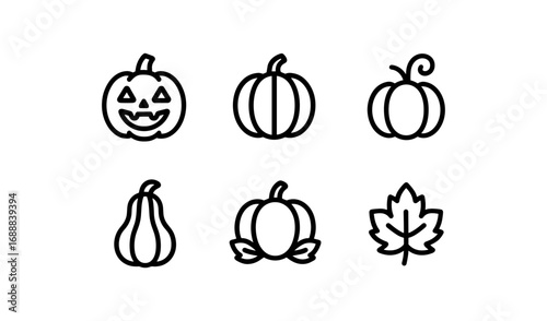 Minimalist linear icons of pumpkins and autumn elements for seasonal design