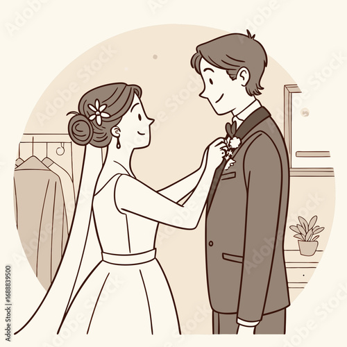 Bride Fastening Groom's Boutonniere Before Wedding Ceremony