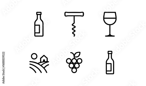 Wine icon set featuring bottle, corkscrew, and vineyard elements in simple linear style