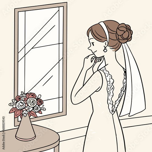 Bride Getting Ready in Pastel Room: Wedding Dress and Bouquet