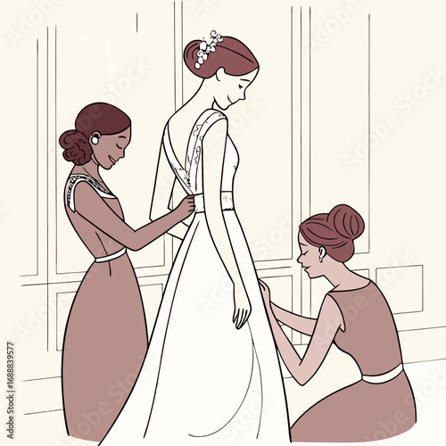 Bride Getting Ready with Bridesmaids Assistance Wedding Day Preparation
