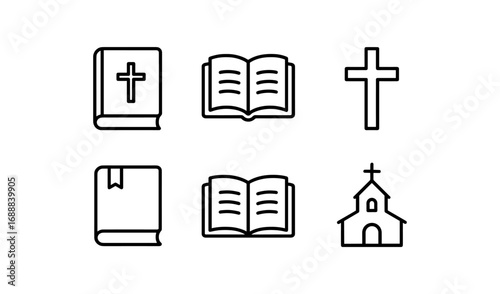 Minimalist christian icons set: bible, cross, church in linear style
