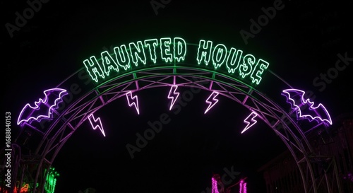 Spooky neon Haunted House sign with bats and lightning bolts for Halloween events and themed attractions