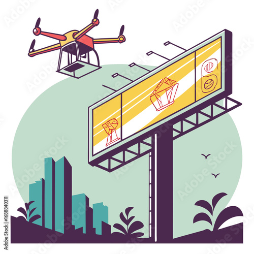 Drone Delivering Package to City Billboard