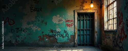 Grimy, graffiti-covered jail cell wall with peeling paint, rusty bars, and a flickering lightbulb  Perfect for illustrating themes of confinement, despair, and criminal justice ,  lightbulb,  bleak